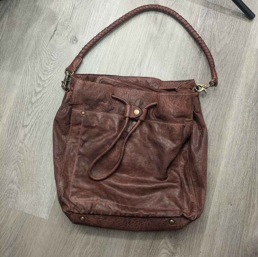 Amsterdam Heritage Brown Leather Braided Handle Drawstring Purse